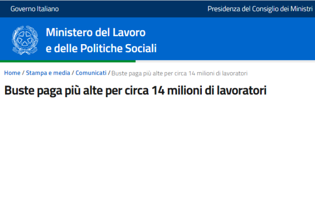 Ministero del Lavoro e delle Politiche sociali. Buste paga più alte per circa 14 milioni di lavoratori